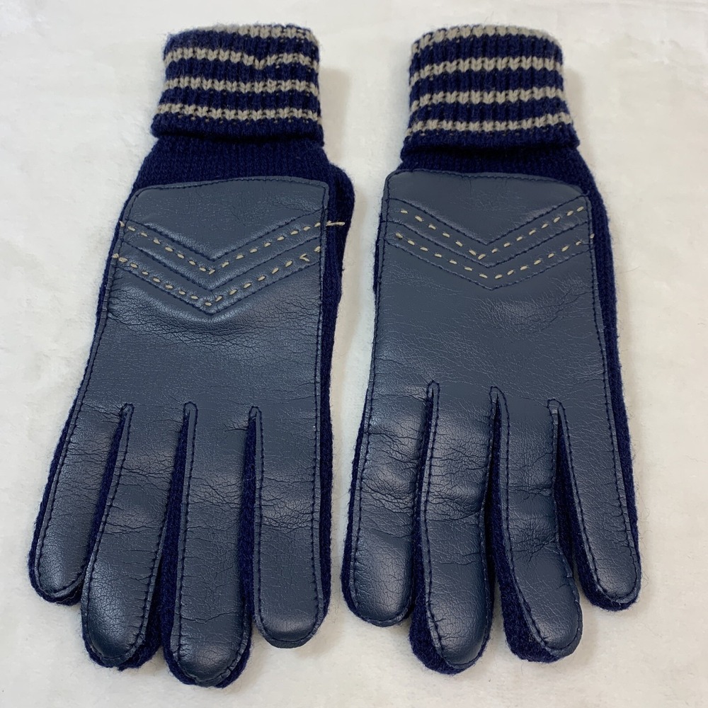 Vintage Comfy Stretch Nylon Blue Navy & Tan Driving Casual Gloves One Size